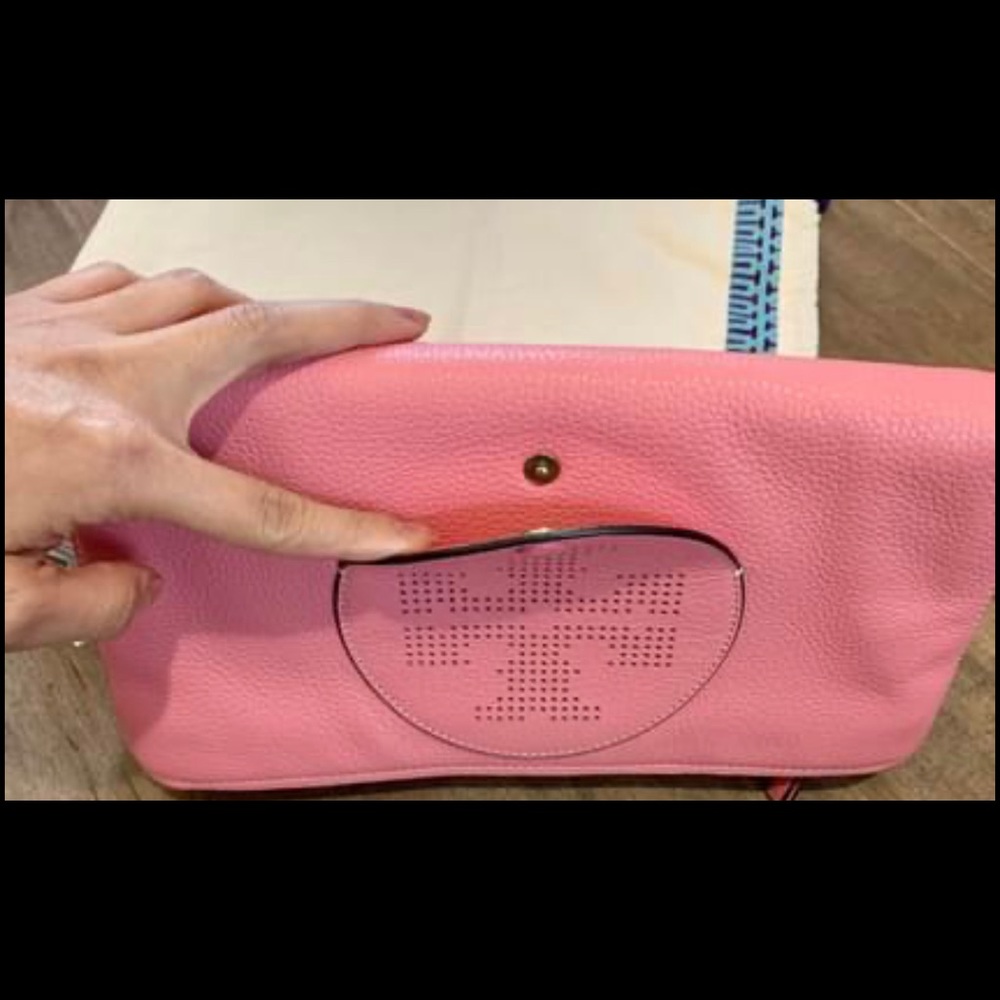 Perforated Logo Fold Over Pink Clutch Crossbody